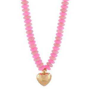 Gold Heart Pendant Pink Bead Necklace